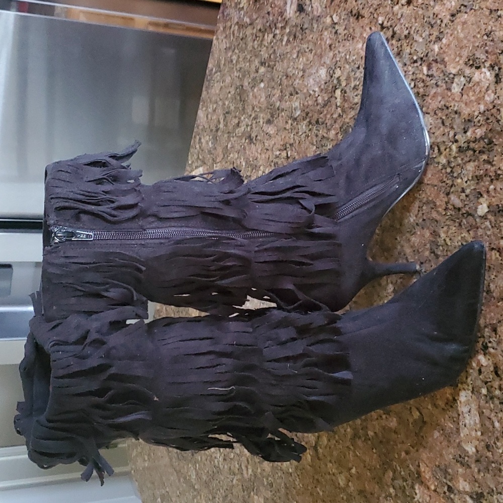 Black fringed stiletto boots. Size 6